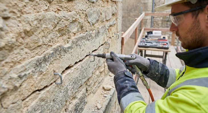 Les ouvriers sont en train d'amorcer devant les murs de la maison