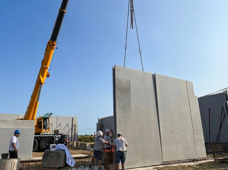 Chantier extérieur ensoleillé, pose de panneaux préfabriqués en béton