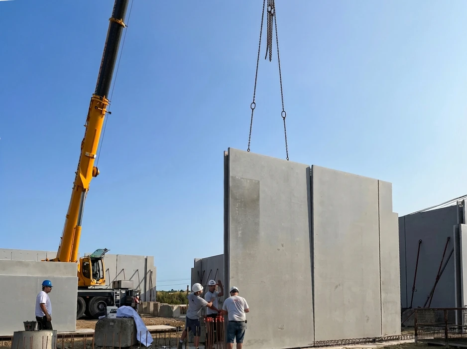 Chantier de construction en extérieur avec structure métallique en cours d'érection