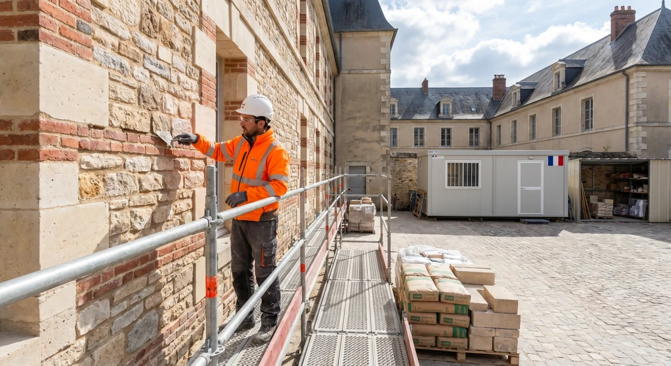 Chantier de restauration en extérieur, mains gantées manipulant fragments de pierre calcaire blanche