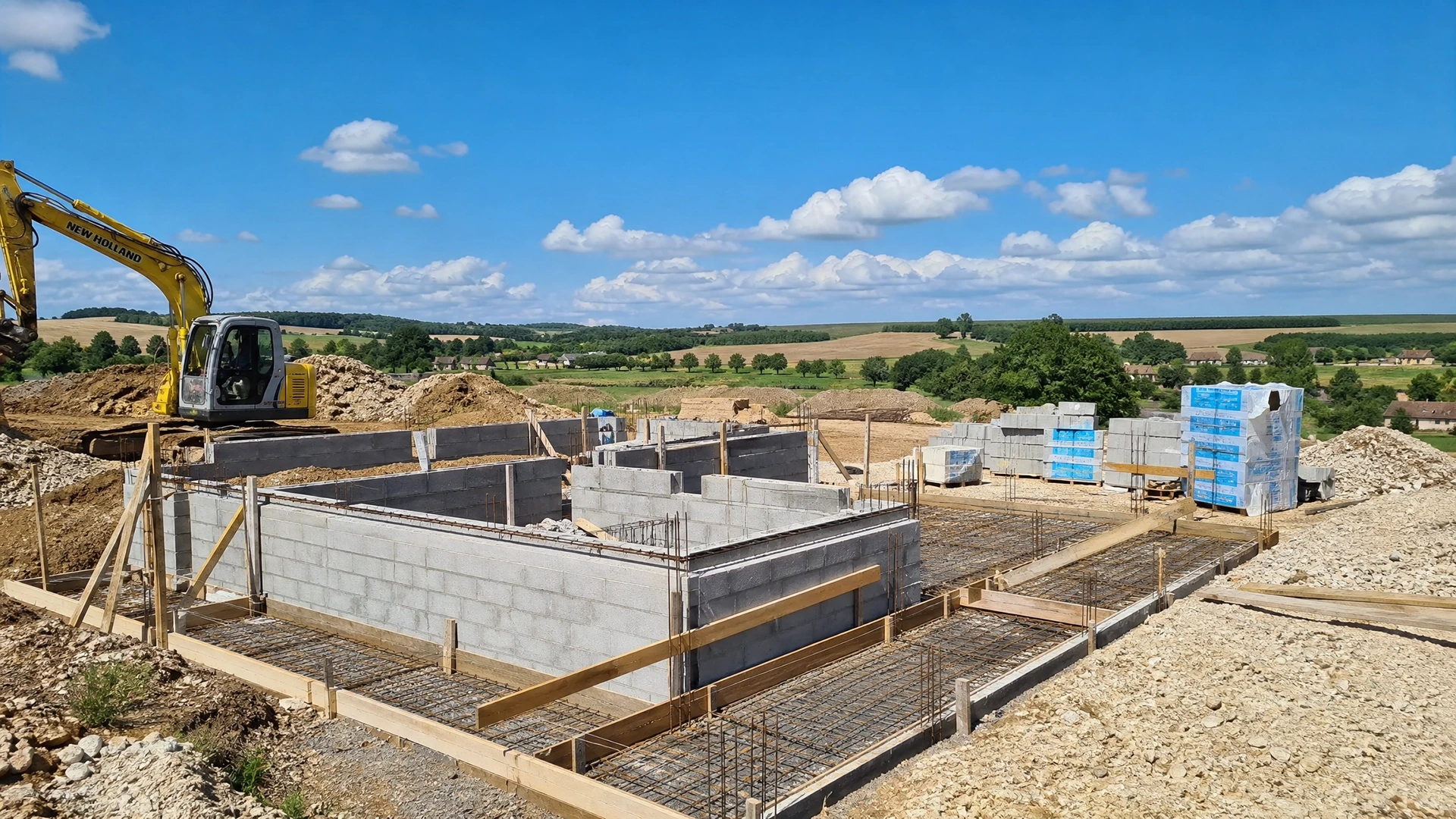 Chantier de construction en extérieur avec trois ouvriers effectuant des relevés topographiques sur terrain préparé