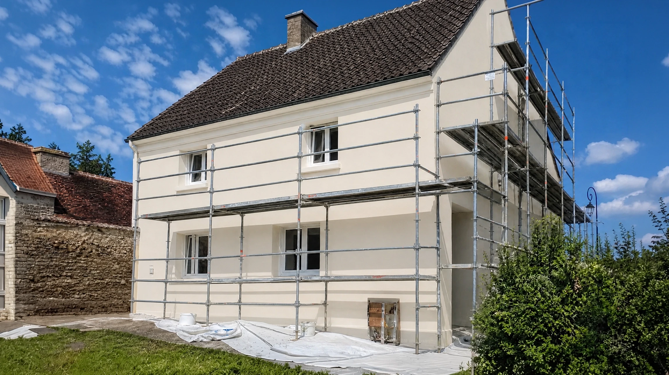 Chantier de construction extérieur avec ouvrier en combinaison bleue appliquant un enduit blanc sur mur béton